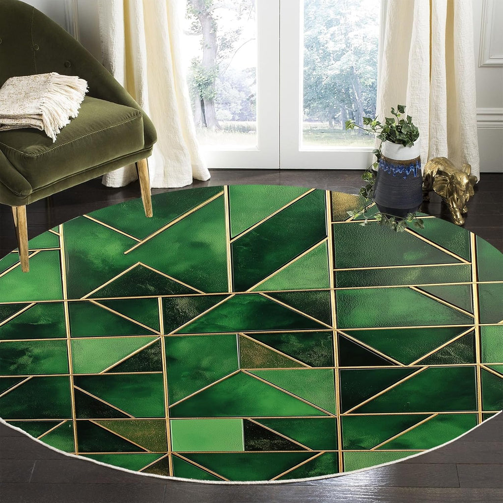 Modern Geometric Green Round Rug  – Stylish Small Carpet with Gold Accent for Living Room & Bedroom