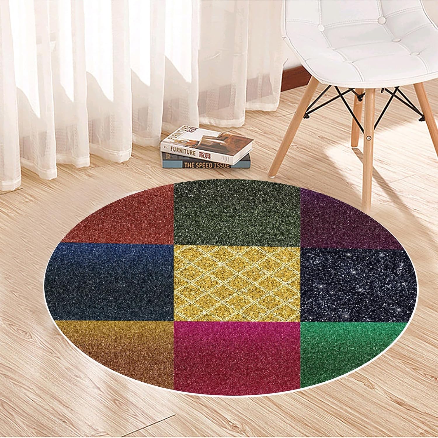 Round Patchwork Color Block Rug – Modern Geometric Design with Shimmering Accents, Decorative Carpet for Living Room & Bedroom