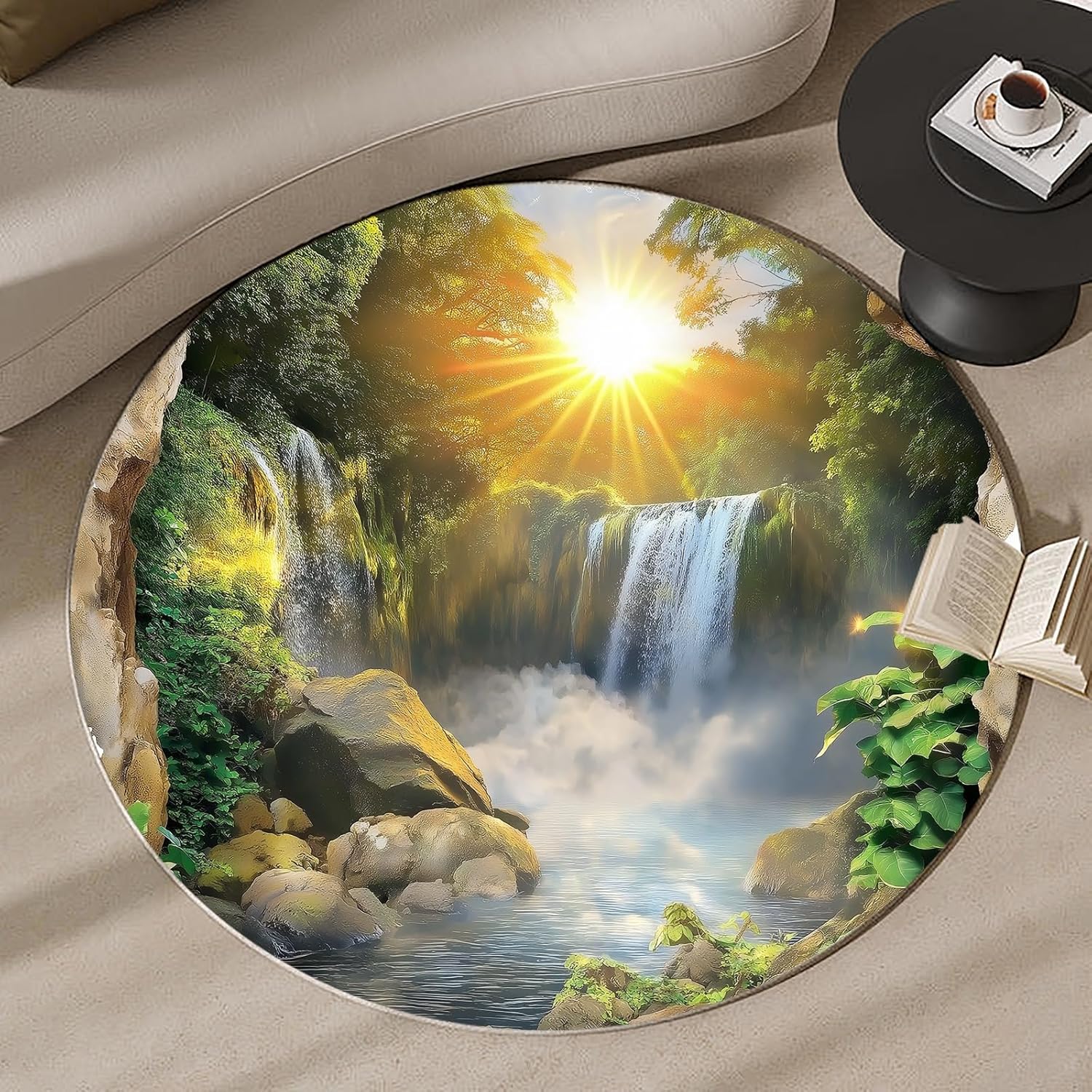 Nature Waterfall Round Rug – Sunrise Forest Scenic Carpet with Non-Slip Backing for Living Room, Bedroom & Study