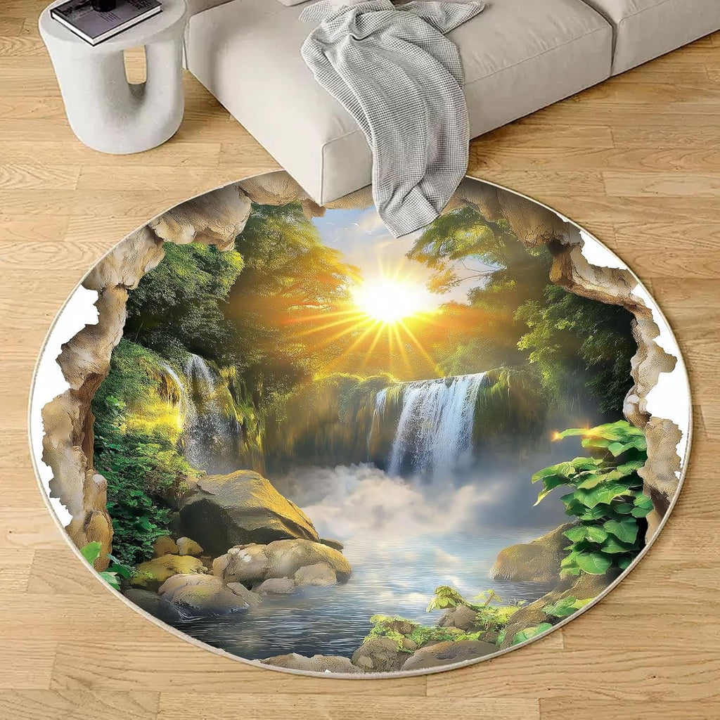 Nature Waterfall Round Rug – Sunrise Forest Scenic Carpet with Non-Slip Backing for Living Room, Bedroom & Study