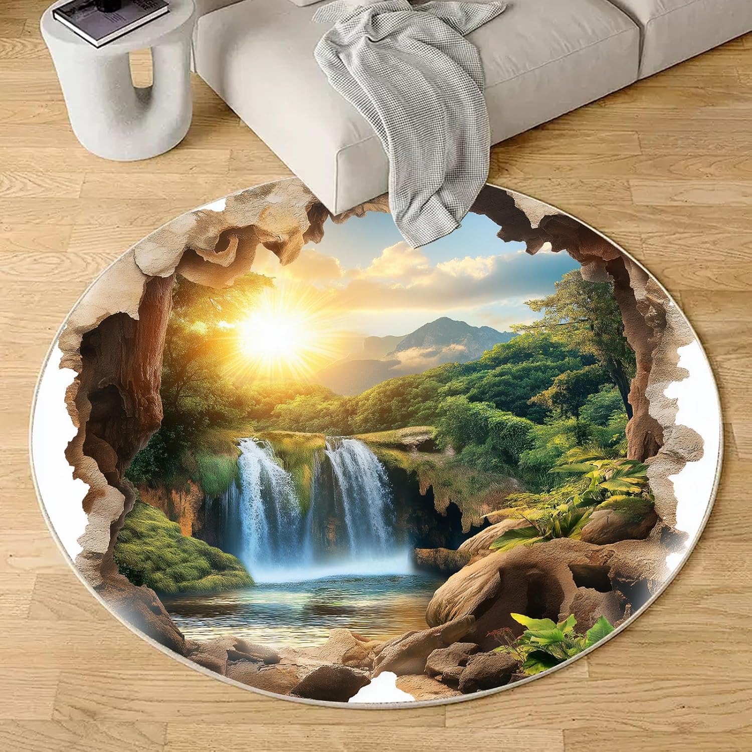 Sunset Waterfall Landscape Round Rug – 2x2 ft Decorative Carpet for Living Room, Bedroom & Study