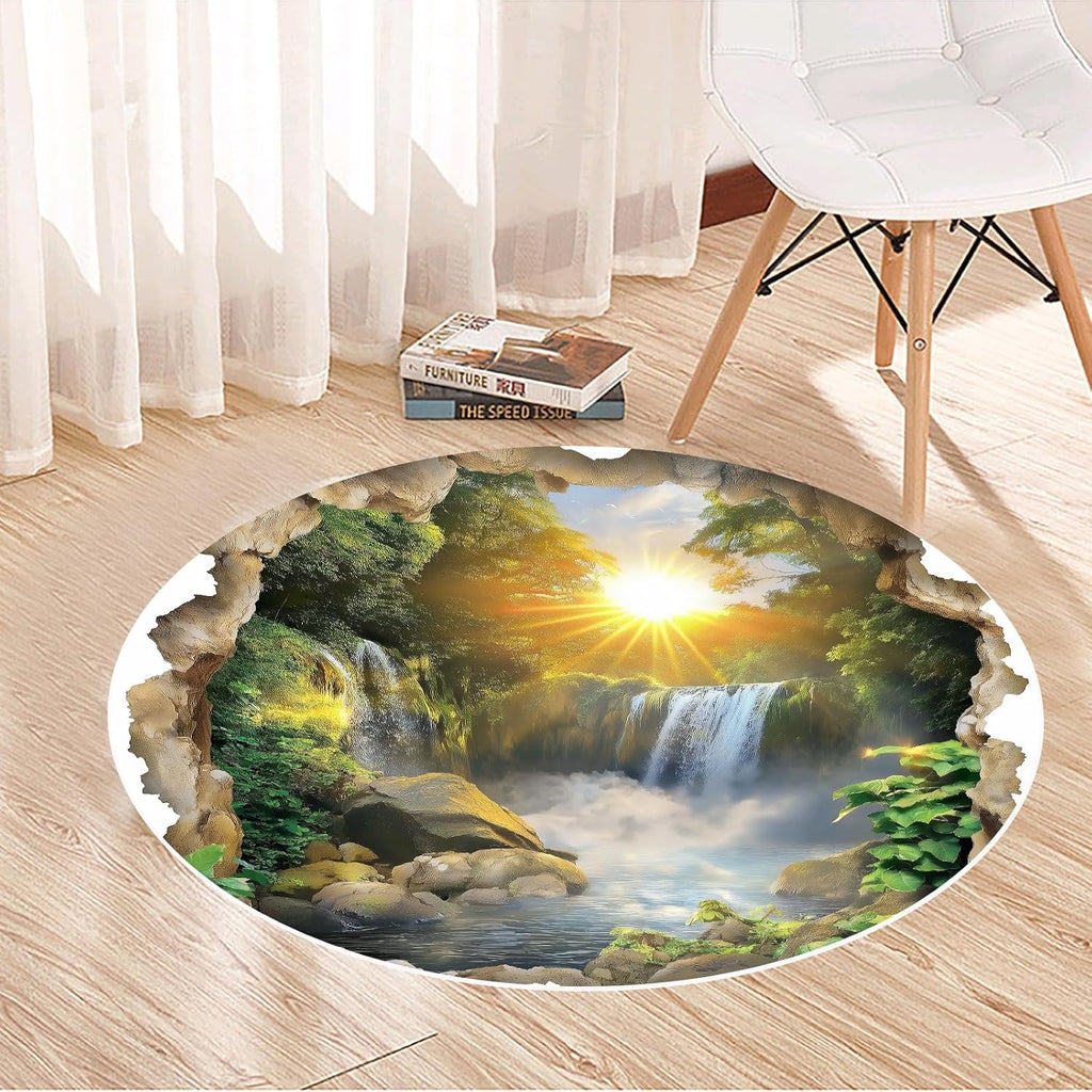 Nature Waterfall Round Rug – Sunrise Forest Scenic Carpet with Non-Slip Backing for Living Room, Bedroom & Study