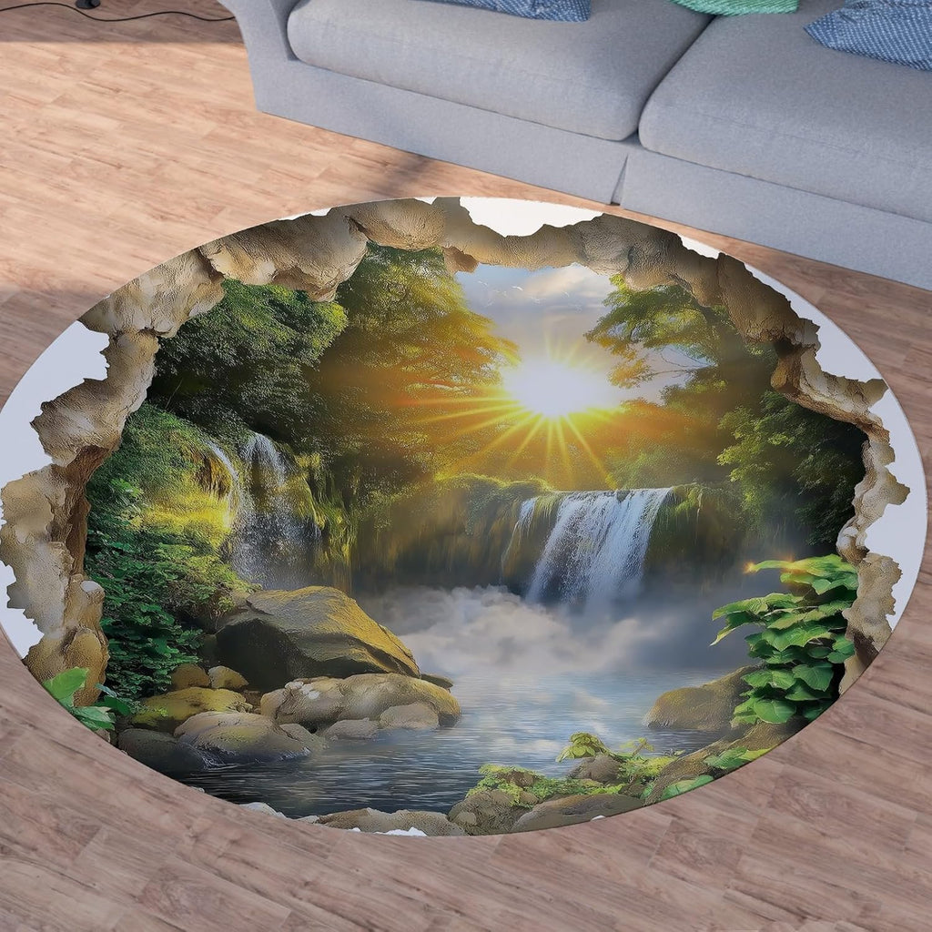 Nature Waterfall Round Rug – Sunrise Forest Scenic Carpet with Non-Slip Backing for Living Room, Bedroom & Study