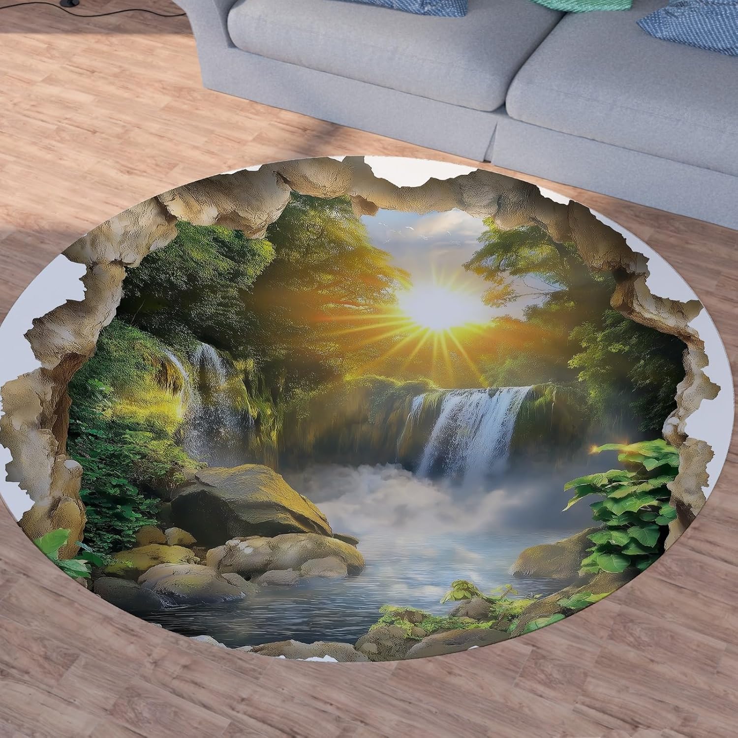 Nature Waterfall Round Rug – Sunrise Forest Scenic Carpet with Non-Slip Backing for Living Room, Bedroom & Study