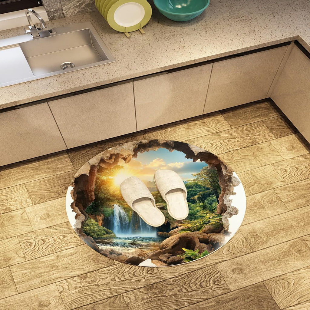 Sunset Waterfall Landscape Round Rug – 2x2 ft Decorative Carpet for Living Room, Bedroom & Study