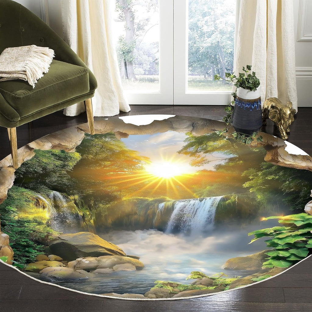 Nature Waterfall Round Rug – Sunrise Forest Scenic Carpet with Non-Slip Backing for Living Room, Bedroom & Study