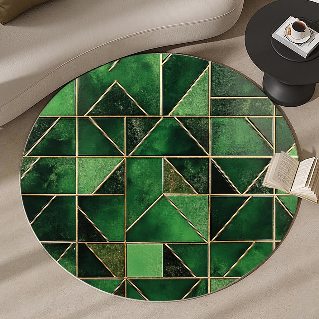 Modern Geometric Green Round Rug  – Stylish Small Carpet with Gold Accent for Living Room & Bedroom
