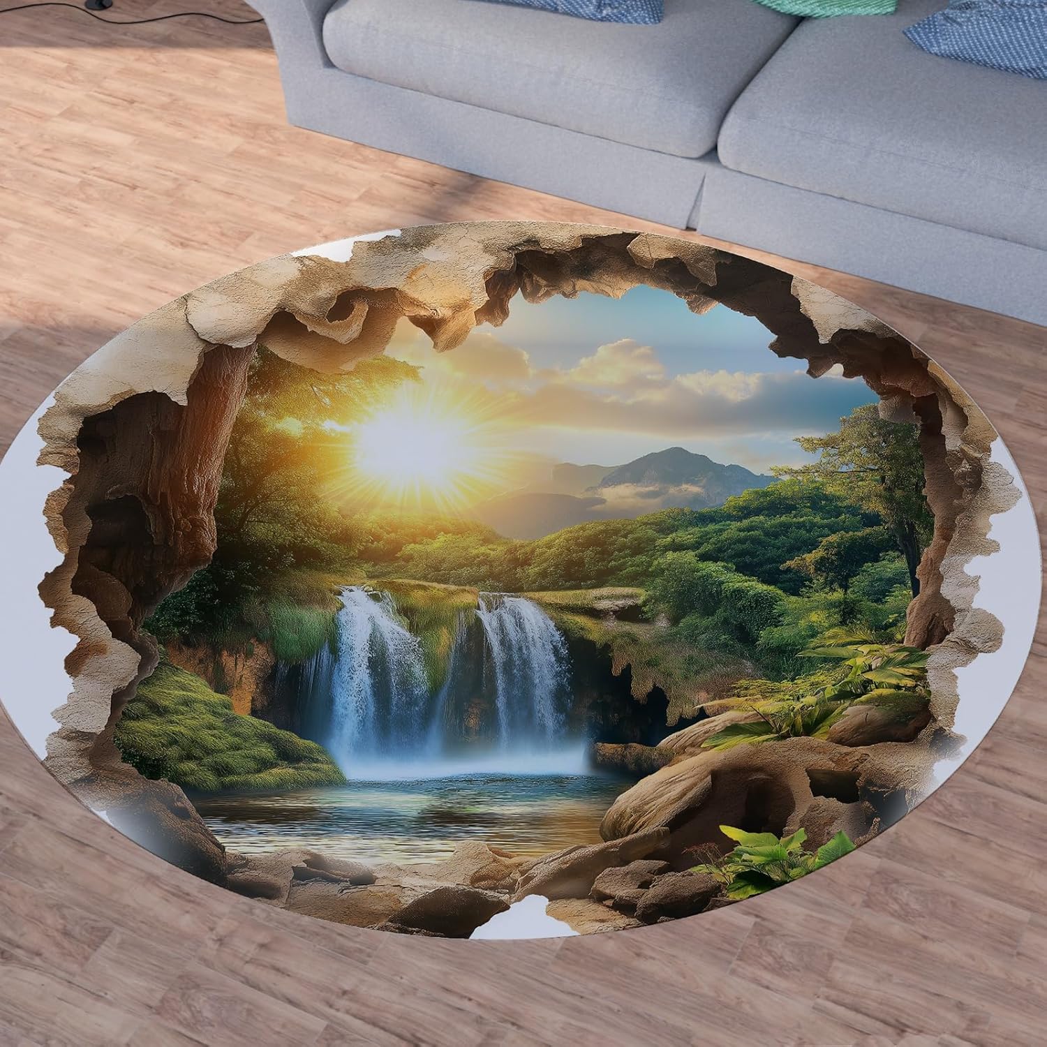 Sunset Waterfall Landscape Round Rug – 2x2 ft Decorative Carpet for Living Room, Bedroom & Study
