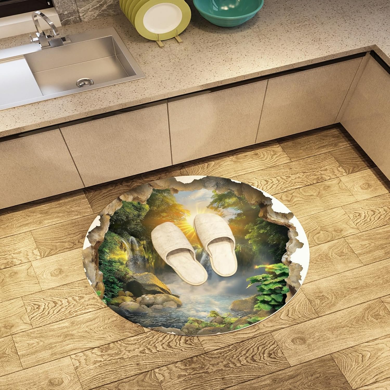 Nature Waterfall Round Rug – Sunrise Forest Scenic Carpet with Non-Slip Backing for Living Room, Bedroom & Study