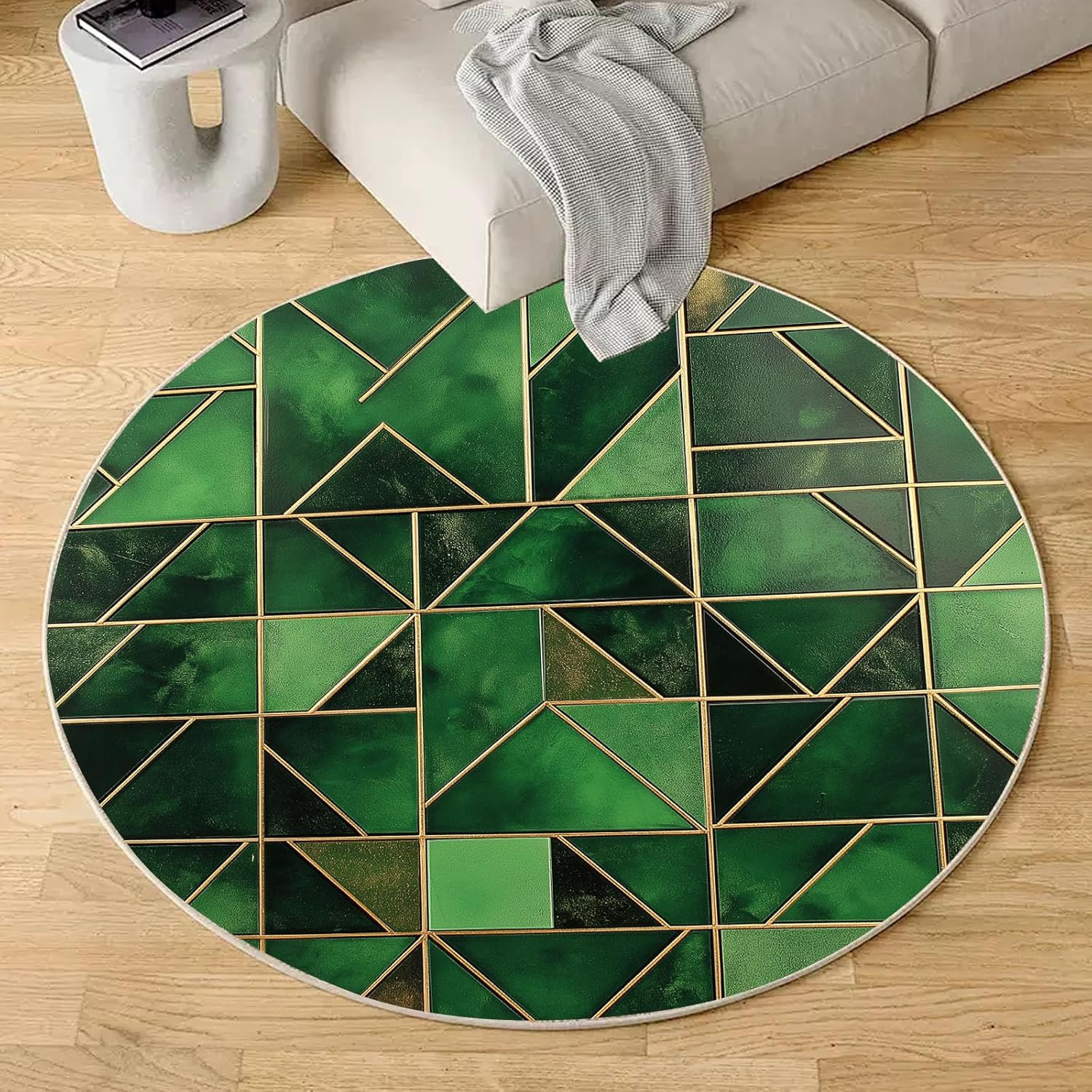 Modern Geometric Green Round Rug  – Stylish Small Carpet with Gold Accent for Living Room & Bedroom
