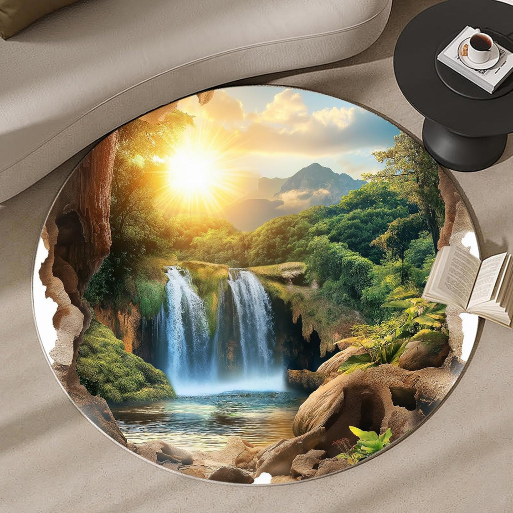 Sunset Waterfall Landscape Round Rug – 2x2 ft Decorative Carpet for Living Room, Bedroom & Study