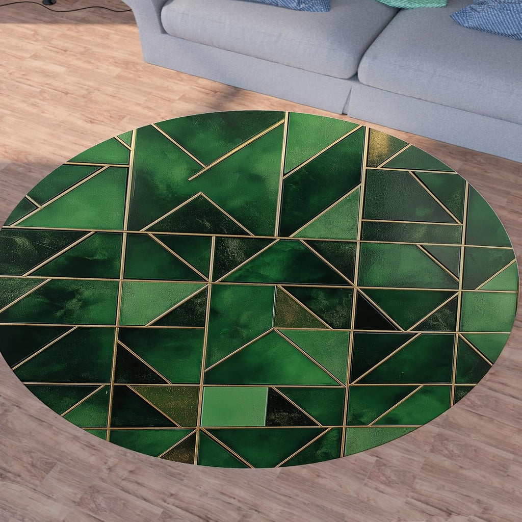 Modern Geometric Green Round Rug  – Stylish Small Carpet with Gold Accent for Living Room & Bedroom