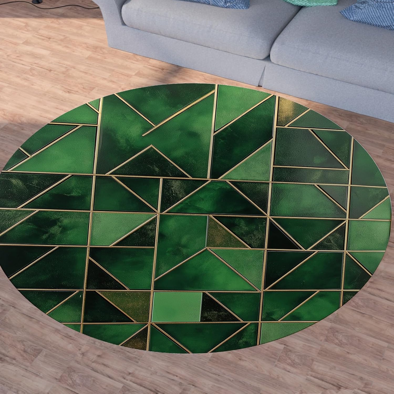 Modern Geometric Green Round Rug  – Stylish Small Carpet with Gold Accent for Living Room & Bedroom