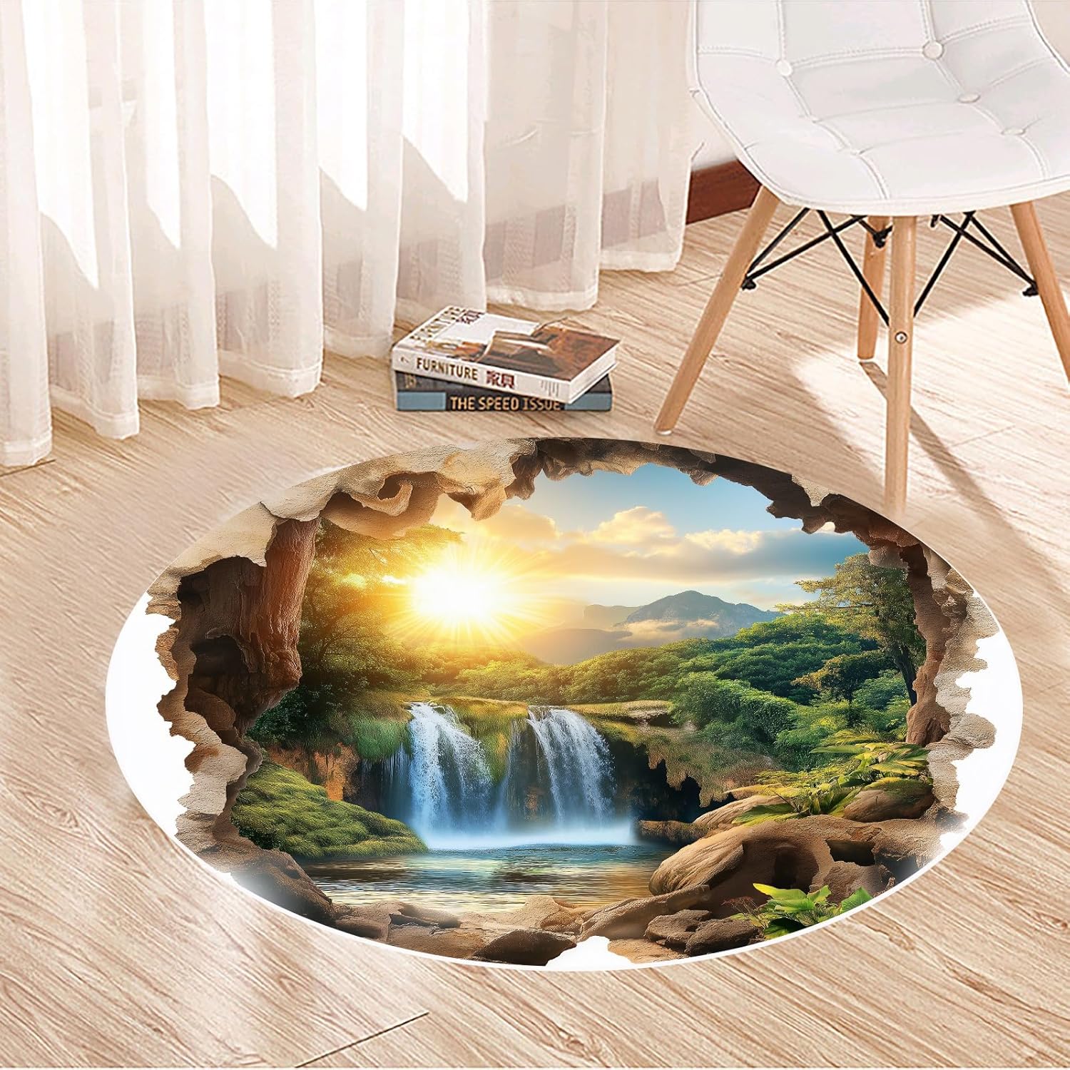Sunset Waterfall Landscape Round Rug – 2x2 ft Decorative Carpet for Living Room, Bedroom & Study