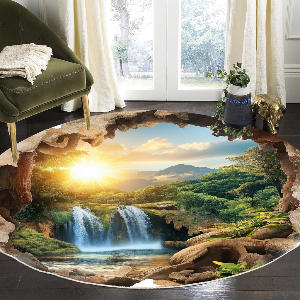 Sunset Waterfall Landscape Round Rug – 2x2 ft Decorative Carpet for Living Room, Bedroom & Study