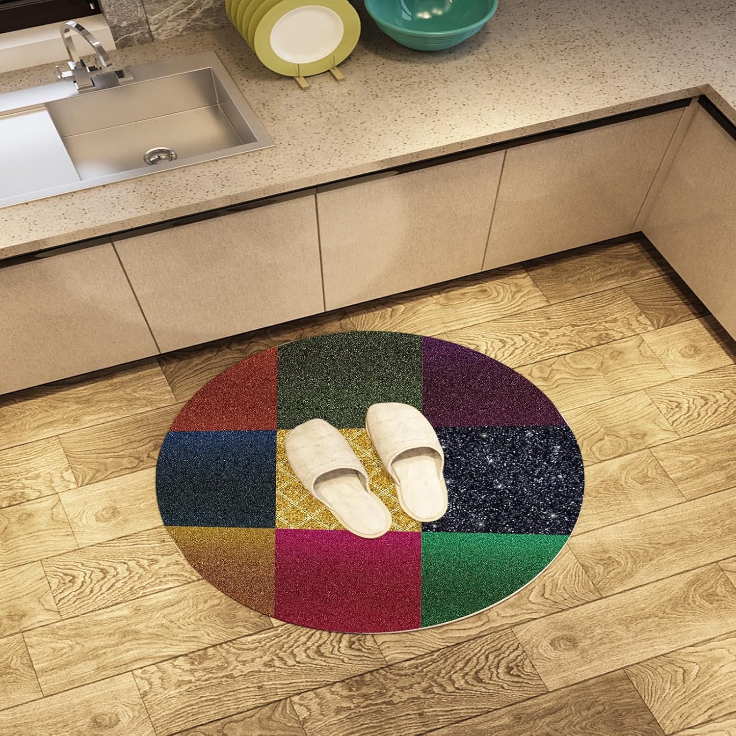 Round Patchwork Color Block Rug – Modern Geometric Design with Shimmering Accents, Decorative Carpet for Living Room & Bedroom