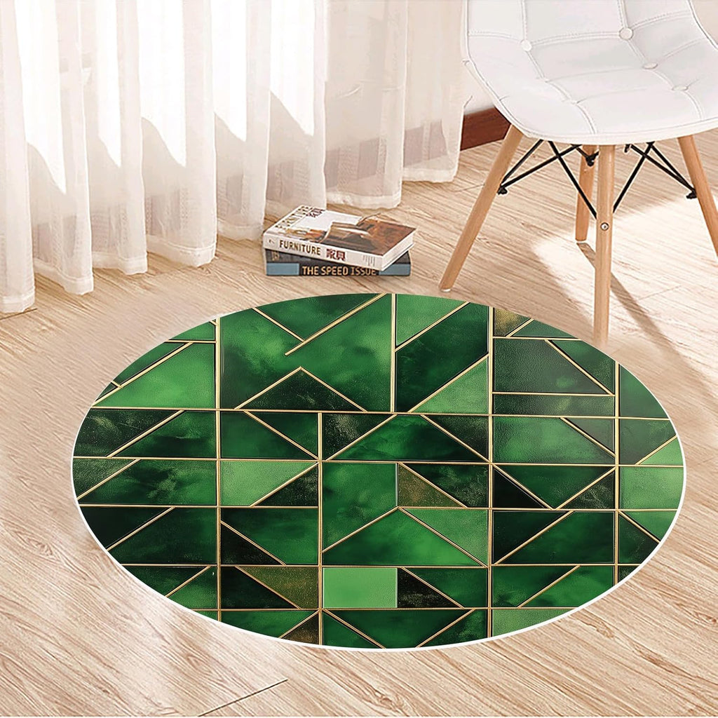 Modern Geometric Green Round Rug  – Stylish Small Carpet with Gold Accent for Living Room & Bedroom