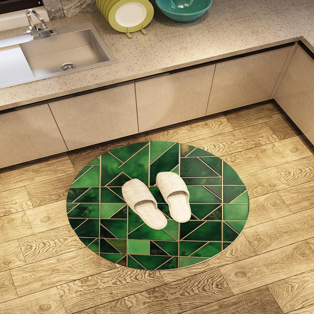 Modern Geometric Green Round Rug  – Stylish Small Carpet with Gold Accent for Living Room & Bedroom