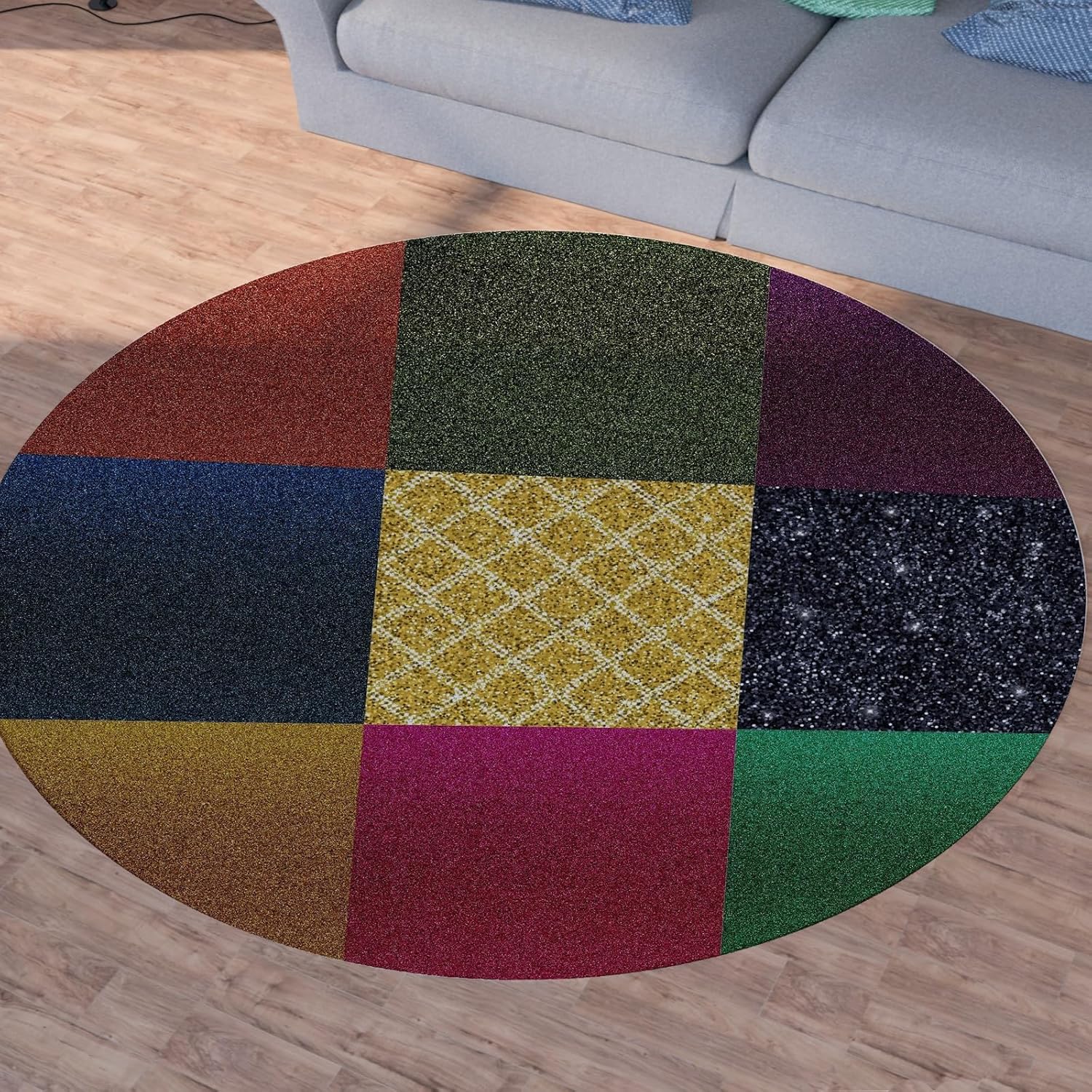 Round Patchwork Color Block Rug – Modern Geometric Design with Shimmering Accents, Decorative Carpet for Living Room & Bedroom