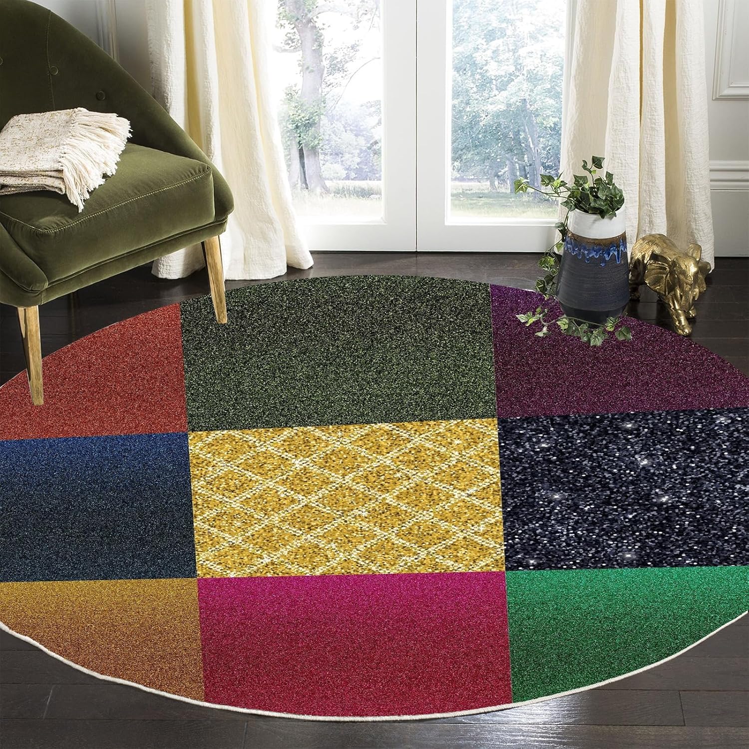 Round Patchwork Color Block Rug – Modern Geometric Design with Shimmering Accents, Decorative Carpet for Living Room & Bedroom