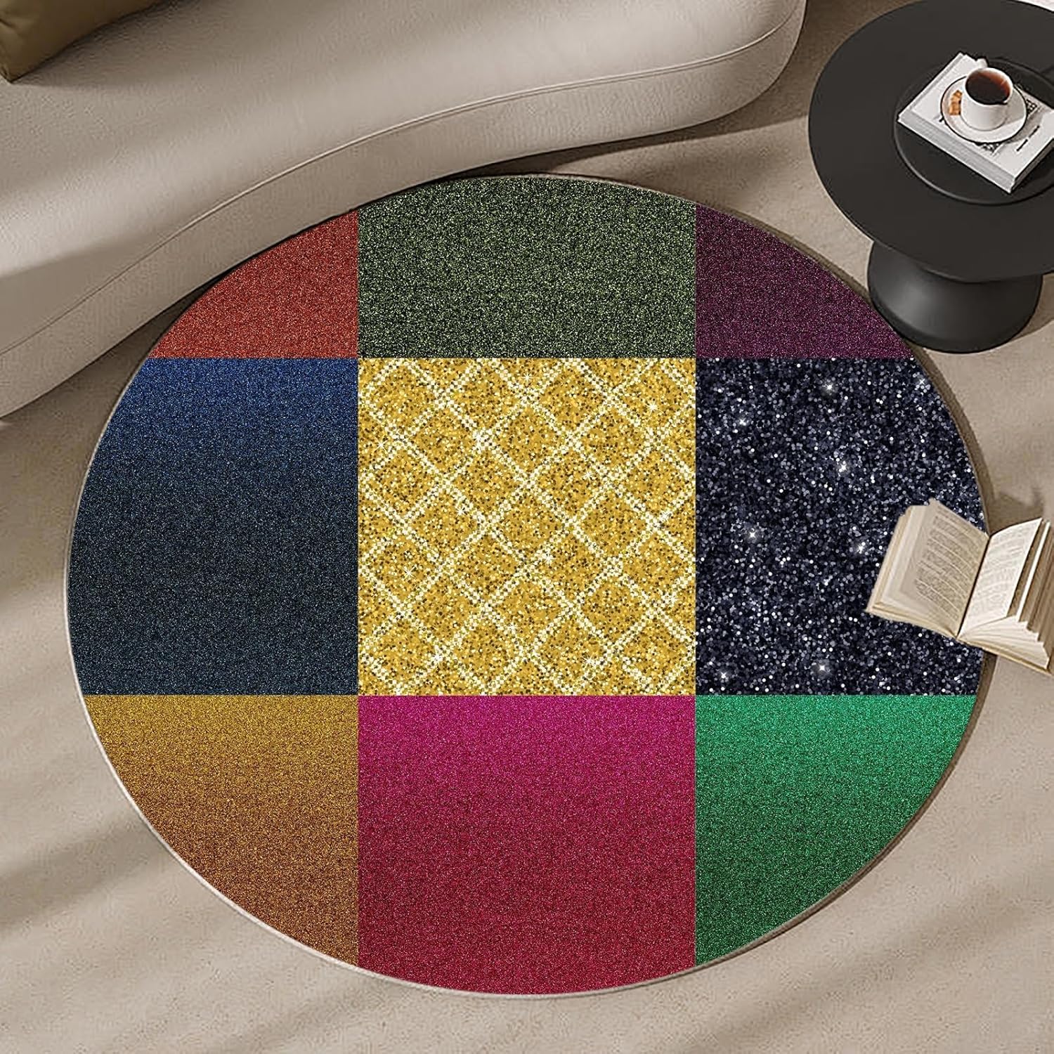 Round Patchwork Color Block Rug – Modern Geometric Design with Shimmering Accents, Decorative Carpet for Living Room & Bedroom